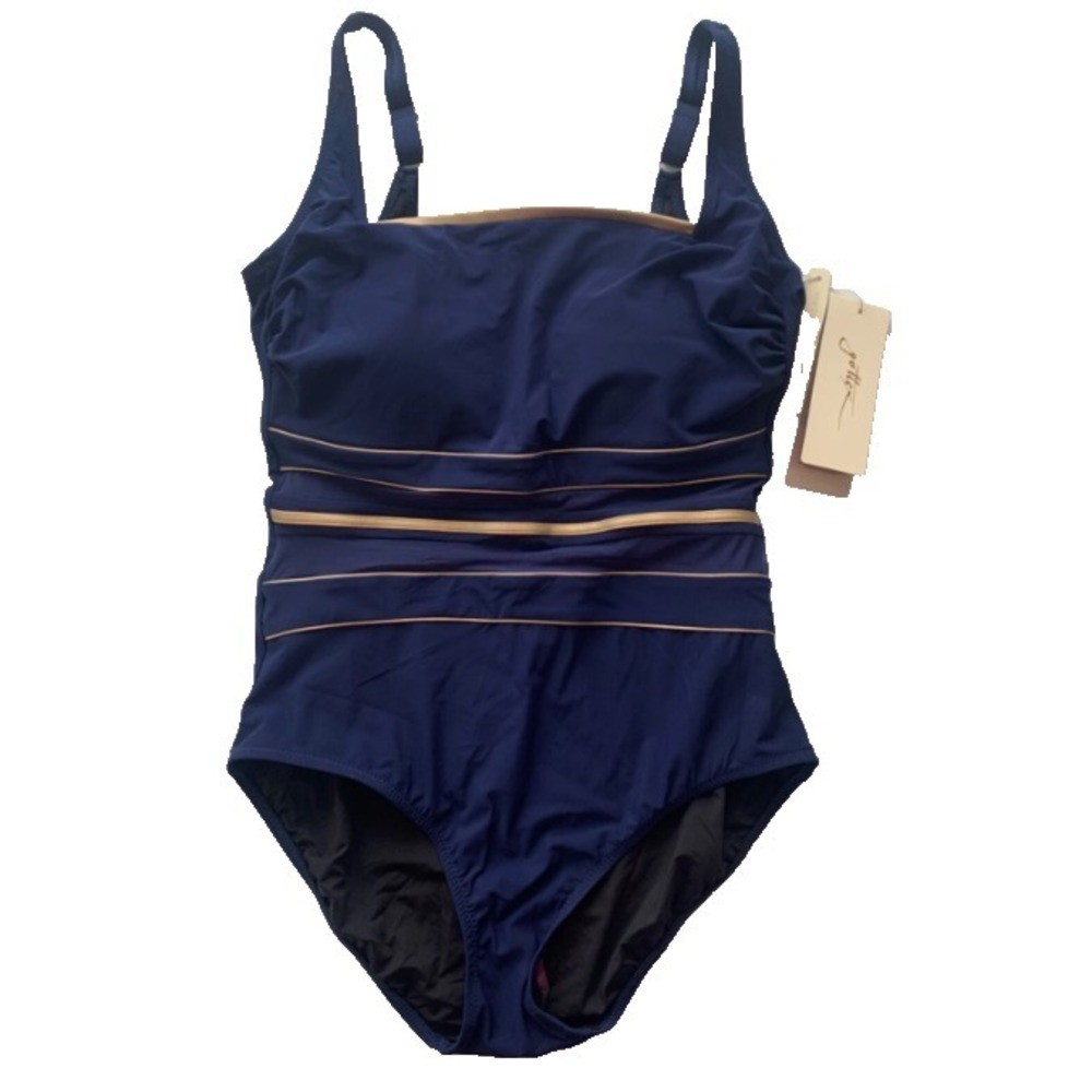 Gottex Essentials Bandeau One Piece Swimsuit Navy Gold Mesh Trim Size 10 - Picture 3 of 7